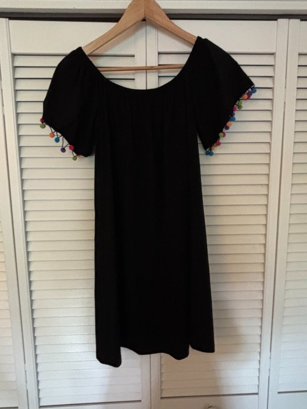 Black Pom Pom Cover Up Dress Boho Beach Tunic Colorful Trim - off the shoulder